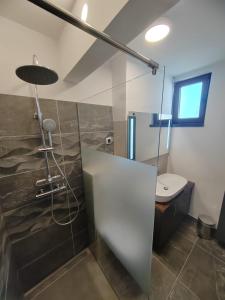 ein Bad mit einer Dusche und einem Waschbecken in der Unterkunft Zodiac in Biograd na Moru