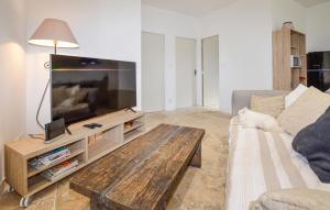 sala de estar con sofá y TV de pantalla plana grande en Cozy Home In Petreto-bicchisano With Wifi, en Petreto-Bicchisano