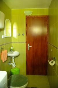 ein grünes Bad mit einer Holztür und einem Waschbecken in der Unterkunft LOVCEN4ME in Cetinje
