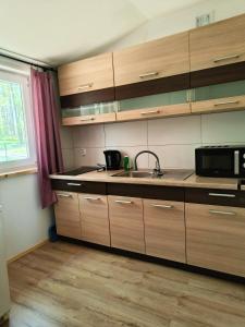 Kuchnia z drewnianymi szafkami, zlewem i kuchenką mikrofalową w obiekcie Pensjonat Sawica w mieście Szczytno