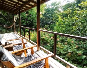 eine Veranda mit Stühlen und Waldblick in der Unterkunft Sanpopo Tree Top Cottage - A Gold Standard Tourism Approved Vacation Home in San Ignacio