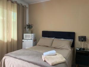 1 dormitorio con 1 cama con microondas en Suíte 101- Espaço Praia Aptos en Angra dos Reis