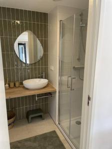 a bathroom with a shower and a sink and a mirror at WØUD Tiny House in Epe
