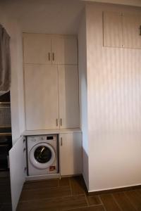 Passatempo Apartment Ireon في ساموس: غسالة ومجفف في مطبخ مع دواليب بيضاء