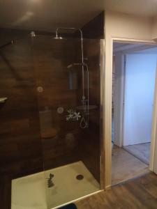 - une douche avec une porte en verre dans la chambre dans l'établissement Bienvenu à la campagne, à La Roche-sur-Yon