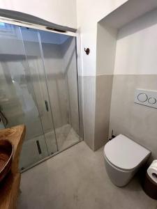 a bathroom with a shower and a toilet and a sink at Tufo House in Matino