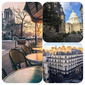 un collage de fotos de un edificio y mesas y sillas en Studio Quartier Latin, en París