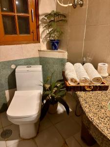 a bathroom with a toilet and a counter with towels at Atharva's Homestay by Goaround Homes in New Delhi
