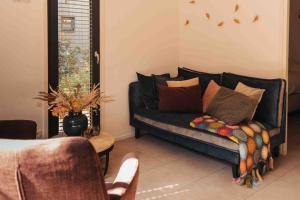 un divano nero con cuscini in soggiorno di Lille lykke I Tiny House op de Veluwe a Epe