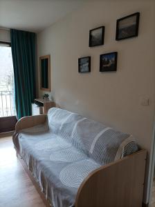 Bett in einem Zimmer mit Bildern an der Wand in der Unterkunft Appartement T2 Jardins de Ramel in Luchon