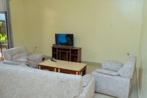 uma sala de estar com um sofá e duas cadeiras e uma televisão em Green V Apartments em Kigali
