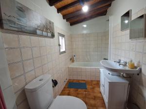 Rubiacós的住宿－La Casa de las rocas - Ribeira Sacra，浴室配有卫生间、盥洗盆和浴缸。