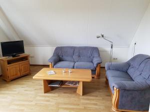 a living room with two blue couches and a coffee table at Sanne in Nes