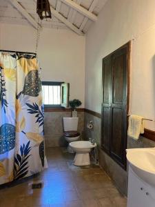 a bathroom with a toilet and a shower curtain at Casa de campo Lago Cardiel in Huerta Grande +13 photos