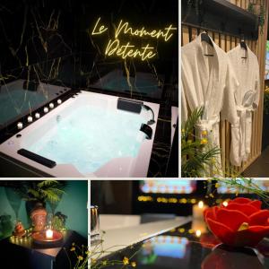 聖奧梅爾的住宿－Le Moment Détente - Appartement avec balnéothérapie，连在一起的图片,连在一起的图片,浴室里有一个浴缸