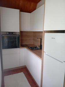 een keuken met witte kasten en een fornuis bij Šumska Vila in Bajina Bašta