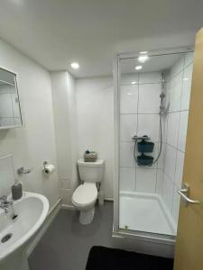 La salle de bains est pourvue d'une douche, de toilettes et d'un lavabo. dans l'établissement For Students Only Private Rooms with Shared Bathroom at Queens Court in Leicester, à Leicester