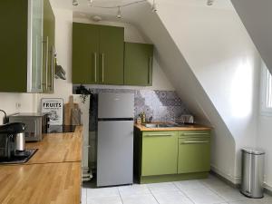 a kitchen with green cabinets and a refrigerator at Le duplex cosy au cœur du centre-ville d'Evreux in Évreux