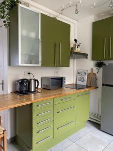 a kitchen with green cabinets and a microwave at Le duplex cosy au cœur du centre-ville d'Evreux in Évreux