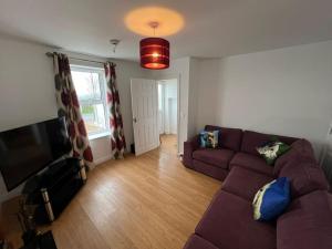 a living room with a couch and a flat screen tv at The Alpaca Farmhouse with hot tub and complimentary alpaca experience in Dromara