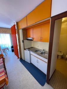 uma pequena cozinha com um lavatório e armários laranja em Le D'Artagnan - App 12bis - Balcon em Cazaubon