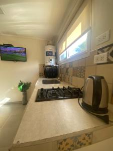 uma cozinha com uma placa de fogão e um micro-ondas em *Viejo Refugio* em Tandil