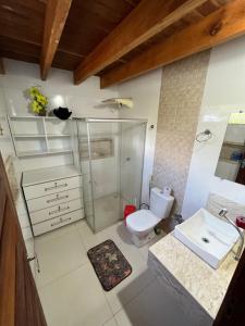ein Bad mit einem WC, einer Dusche und einem Waschbecken in der Unterkunft Chalé Paraíso Corumbau - Chalés Uvas Azul in Corumbau