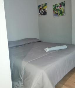 uma cama num quarto com duas fotografias na parede em Arina Home -Aeroporto Fontanarossa- em Catânia