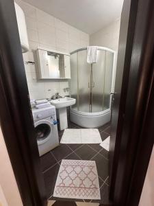 a bathroom with a shower and a washing machine at Angella apartment Tivat in Tivat