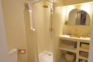 a bathroom with a shower and a toilet and a sink at Evasion in Aigues-Mortes