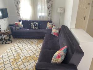 - un salon avec un canapé noir et un tapis dans l'établissement Holiday Home Turkuaz, à Ölüdeniz