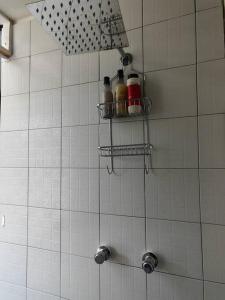 uma casa de banho com chuveiro e garrafas na parede em Monoambiente em San Luis Potosí