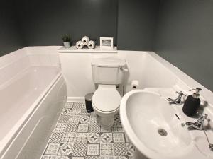 łazienka z toaletą, umywalką i wanną w obiekcie Joy St Apartments w mieście Belfast