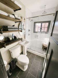 a bathroom with a toilet and a sink and a shower at Neyland View Condo - Heart of Downtown Knoxville in Knoxville