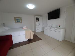a bedroom with a bed and a flat screen tv at Eden apartment in Kornić