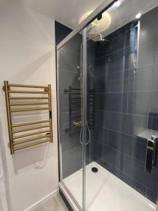 y baño con ducha y puerta de cristal. en T2 -55m2- Elégant et chaleureux, en Montbrison