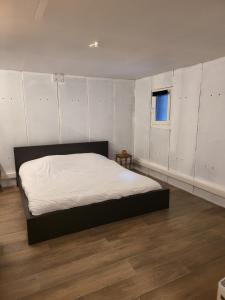 1 dormitorio con 1 cama en una habitación con ventana en Duinenbank, en Bredene