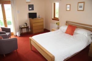 um quarto com uma cama, uma cadeira e uma televisão em Kescoweth em Montrose