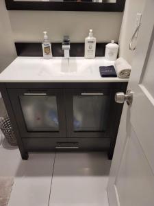 a bathroom with a sink and a white counter at Luxury Hot Tub Four Seasons in Philadelphia