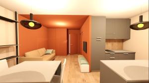 eine Küche mit orangefarbenen Wänden und ein Wohnzimmer in der Unterkunft Appartement moderne avec parking in Blois