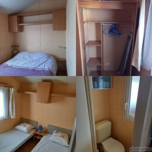 3 Bilder eines kleinen Zimmers mit einem Bett und einem Schlafzimmer in der Unterkunft mobil home camping *** les ollivaud in La Baule