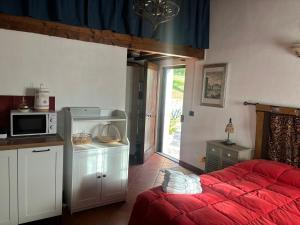 eine Küche mit einem roten Bett und einer Mikrowelle in der Unterkunft Il Fienile in Tavarnuzze