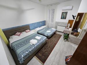 een slaapkamer met 2 bedden en een tapijt bij Hotel Giovannina in Mestre