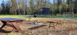 un parque con 2 mesas de picnic y una parrilla en Boende i Målaskog, en Ryssby
