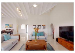 ein Wohnzimmer mit 2 Sofas und einem Tisch in der Unterkunft Oasis with Pool Hot Tub & Sauna in Rodney Bay Village