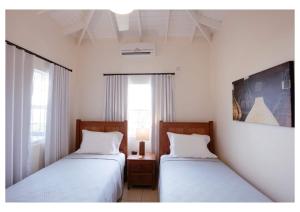 2 łóżka pojedyncze w pokoju z oknem w obiekcie Luxurious Oasis for groups w mieście Rodney Bay