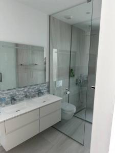 a bathroom with a shower and a sink and a toilet at Luksus i Alicante in Alicante