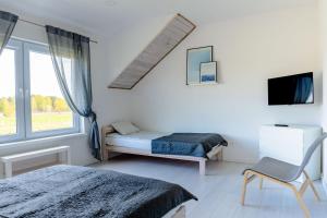 1 dormitorio con 2 camas, TV y ventana en Cichy Domek Apartamenty - Podgrzewany Basen en Karwia