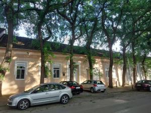 tres coches estacionados frente a un edificio con árboles en Čudesni drvored, en Kikinda