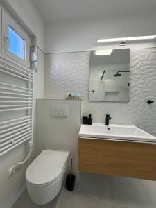 Baño blanco con aseo y lavamanos en Apartment Nono Marko, en Crikvenica